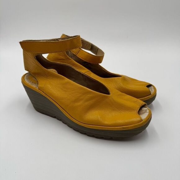 Fly London Leather Yala Yellow Wedge Peep Toe Heels Sz 40 - Picture 1 of 8